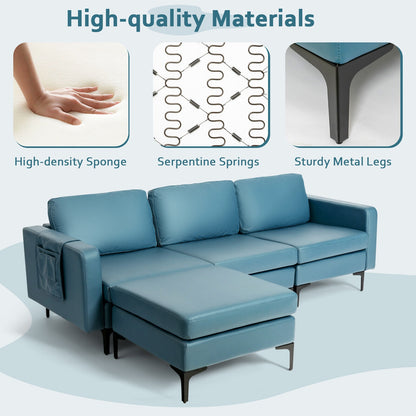 Modular L-Shaped Sectional Sofa with Reversible Chaise, Built-In USB Ports - Blue