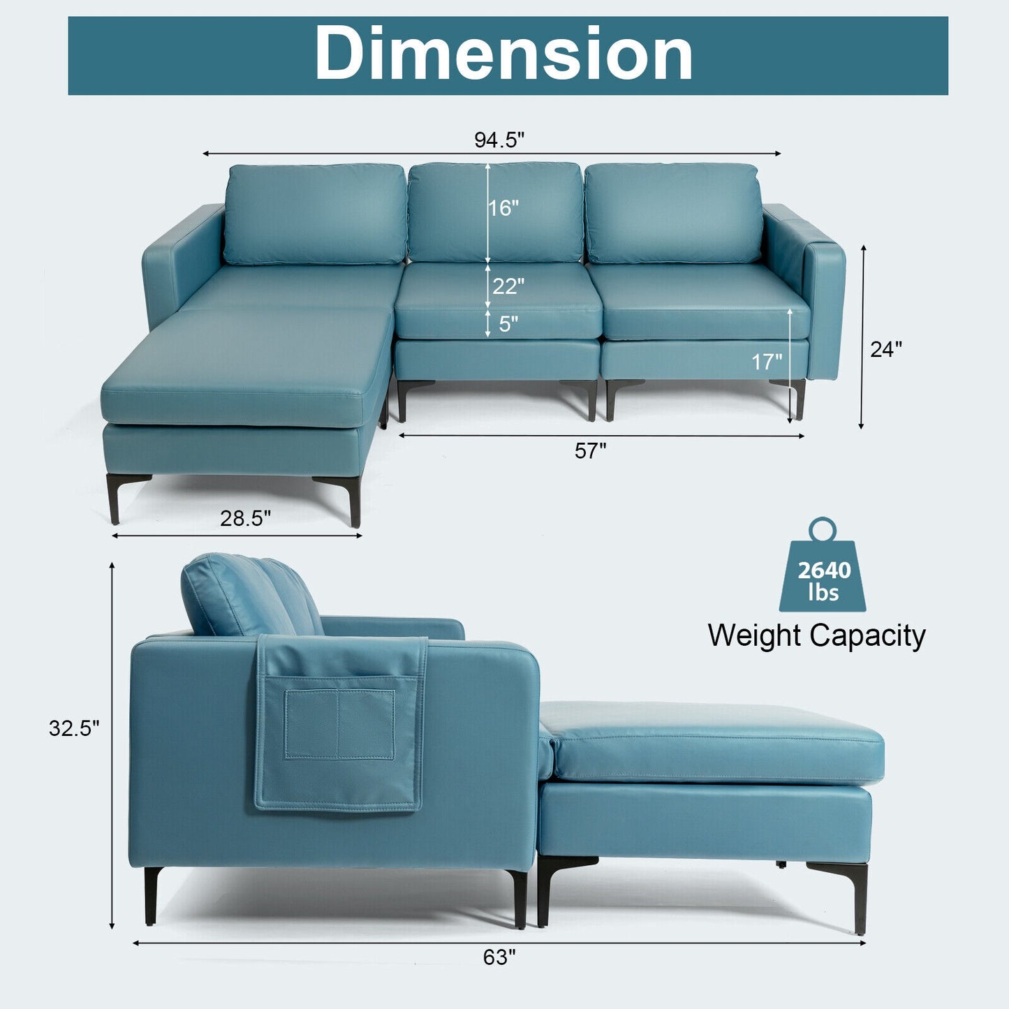 Modular L-Shaped Sectional Sofa with Reversible Chaise, Built-In USB Ports - Blue