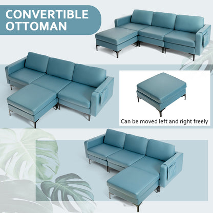 Modular L-Shaped Sectional Sofa with Reversible Chaise, Built-In USB Ports - Blue