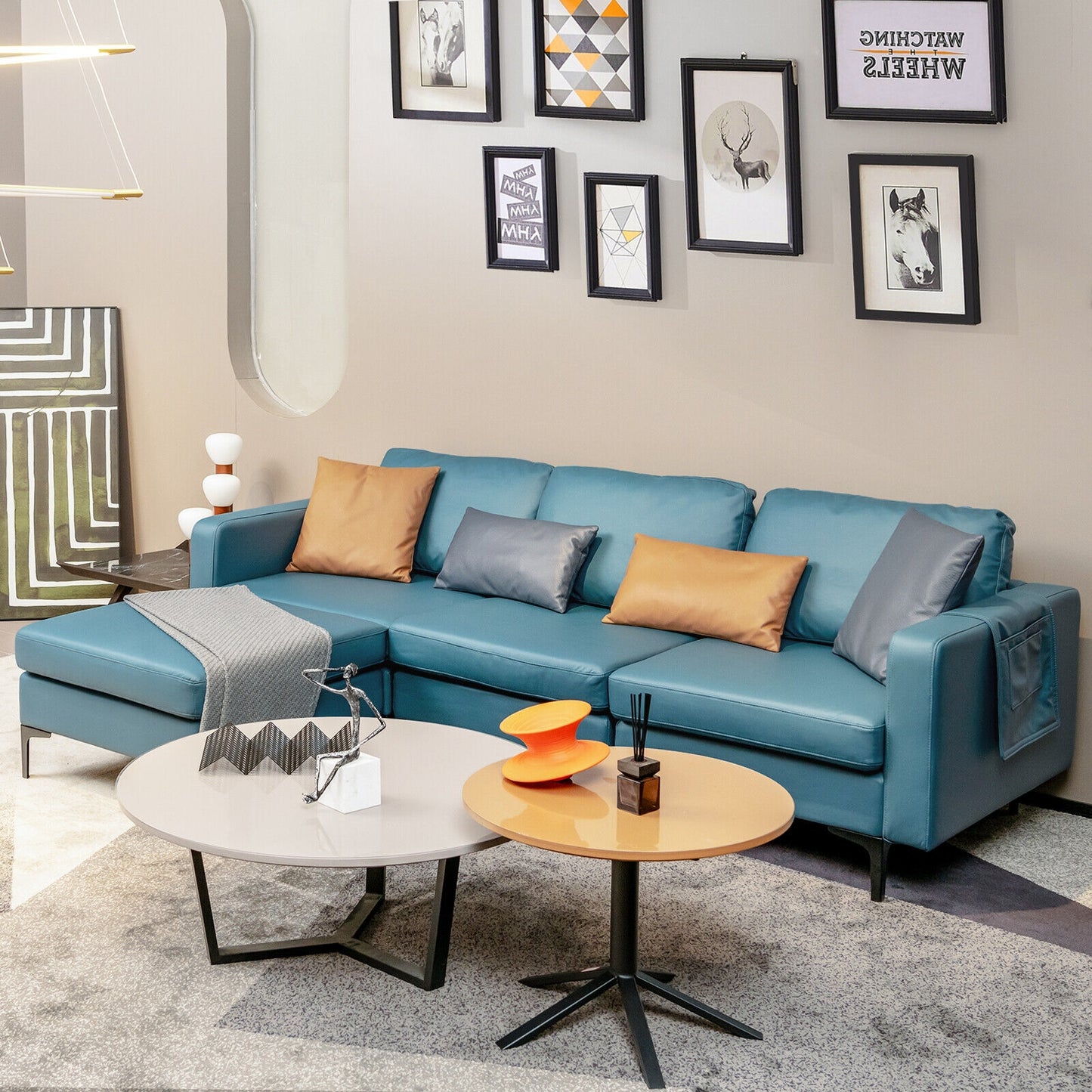 Modular L-Shaped Sectional Sofa with Reversible Chaise, Built-In USB Ports - Blue