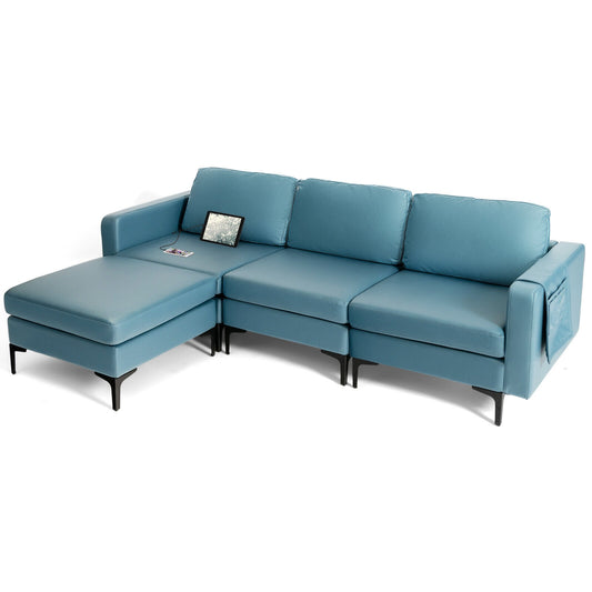 Modular L-Shaped Sectional Sofa with Reversible Chaise, Built-In USB Ports - Blue