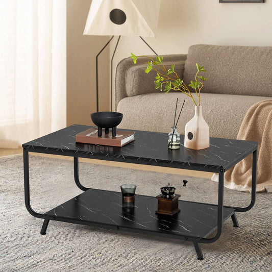 Modern 2-Tier Coffee Table with Faux Marble Top and Storage Shelf