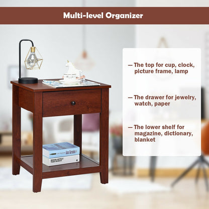 Wooden End Table with Drawer and Lower Storage Shelf