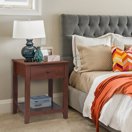 Wooden End Table with Drawer and Lower Storage Shelf
