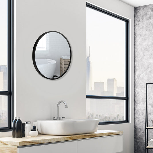 Elegant 16 Inch Round Wall Mirror with Premium Aluminum Alloy Frame - Black