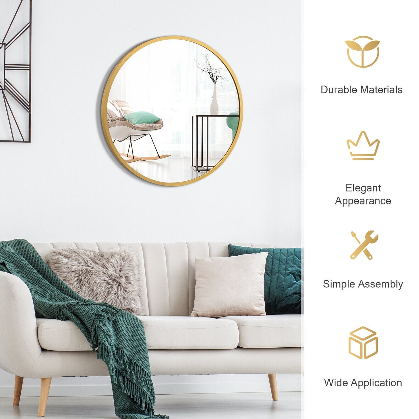 Elegant 16 Inch Round Wall Mirror with Premium Aluminum Alloy Frame - Golden