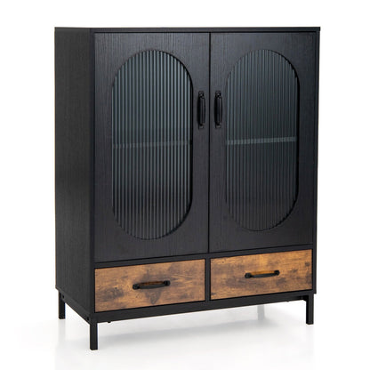 Industrial Kitchen Sideboard Buffet Cabinet with Tempered Glass Doors and Storage Shelves