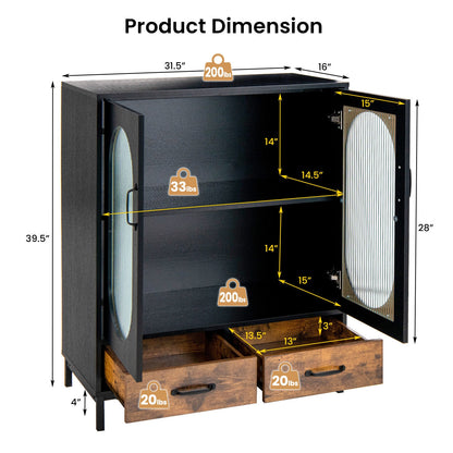 Industrial Kitchen Sideboard Buffet Cabinet with Tempered Glass Doors and Storage Shelves