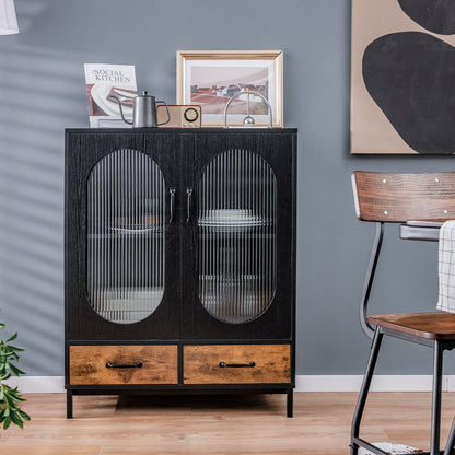 Industrial Kitchen Sideboard Buffet Cabinet with Tempered Glass Doors and Storage Shelves