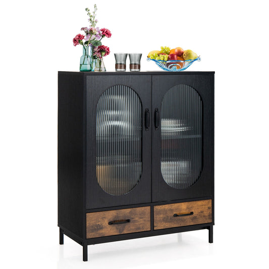 Industrial Kitchen Sideboard Buffet Cabinet with Tempered Glass Doors and Storage Shelves