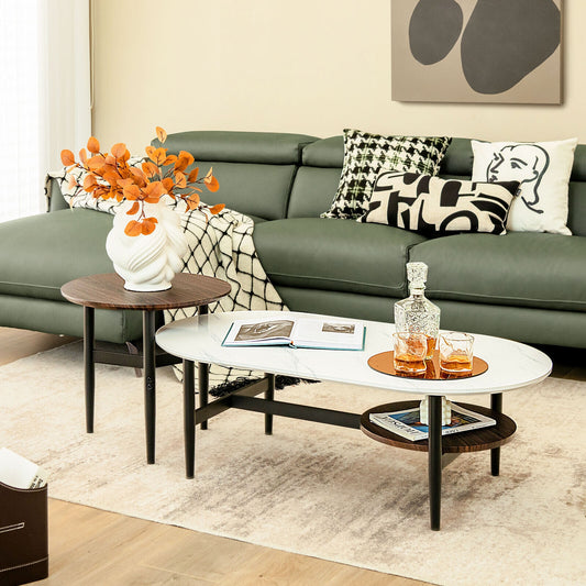 Set of 2 Nesting Coffee Tables with Storage Shelf and Modern Faux Marble Design