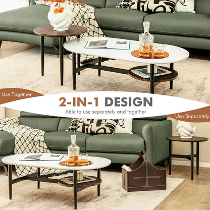 Set of 2 Nesting Coffee Tables with Storage Shelf and Modern Faux Marble Design
