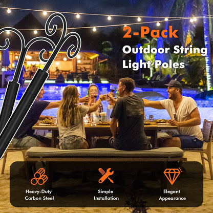 2 Pack 10ft Outdoor String Light Poles with Adjustable Height, Arc Hook & 5 Prong Base