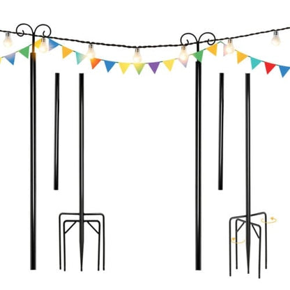 2 Pack 8ft Outdoor String Light Poles with Adjustable Height, Arc Hook & 5 Prong Base