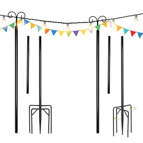 2 Pack 8ft Outdoor String Light Poles with Adjustable Height, Arc Hook & 5 Prong Base