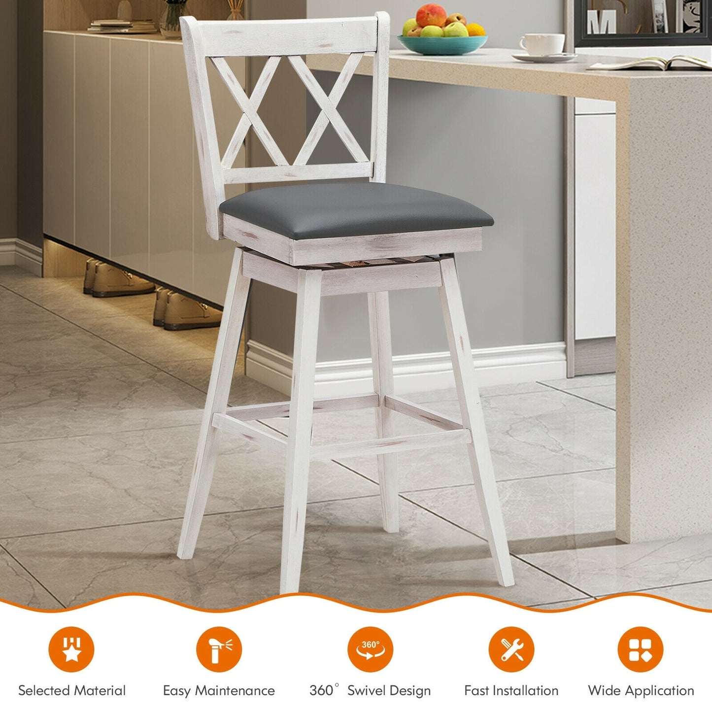 Counter Height Bar Stools Set of 2 with 29 Inch Swivel Seat and White Rubber Wood Frame
