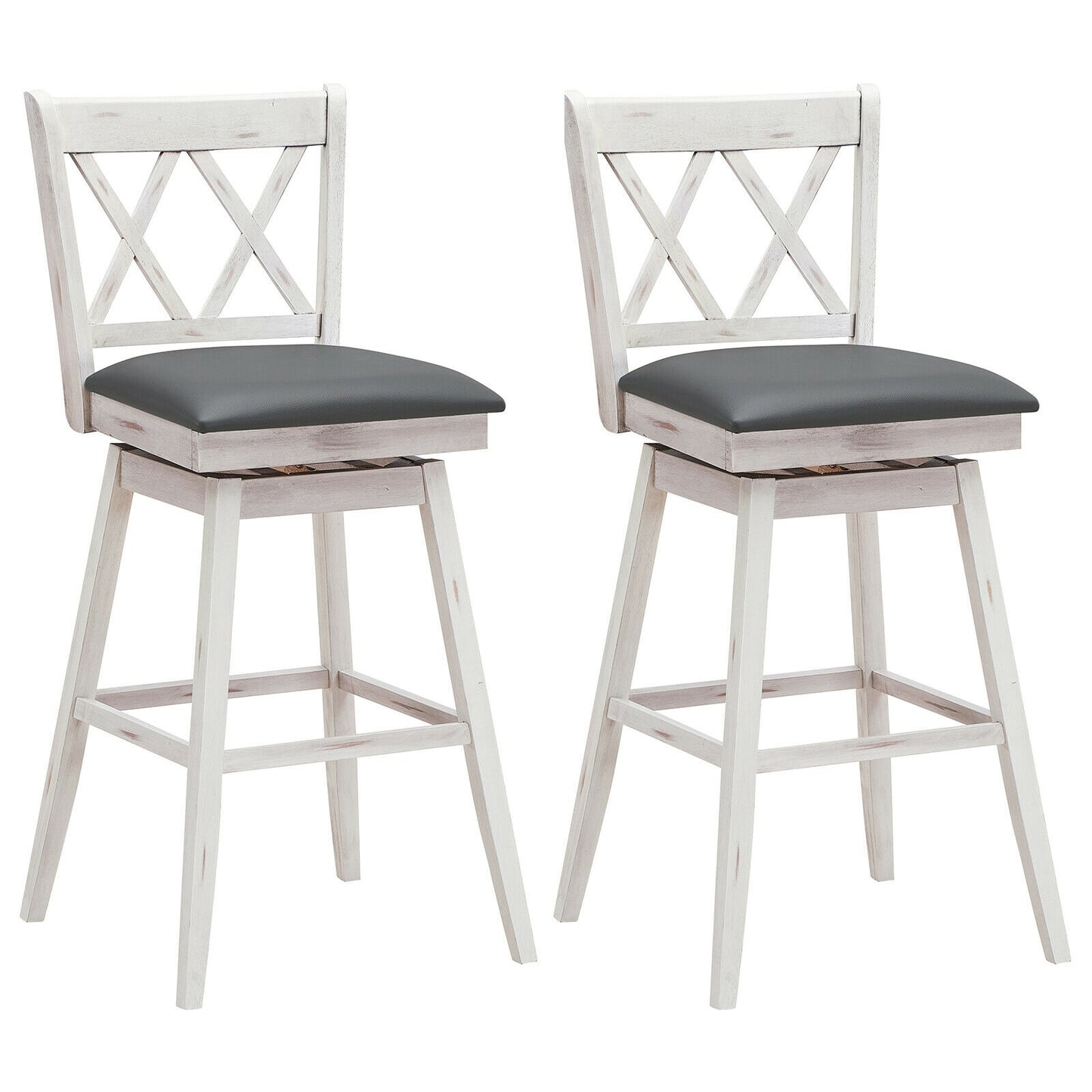 Counter Height Bar Stools Set of 2 with 29 Inch Swivel Seat and White Rubber Wood Frame