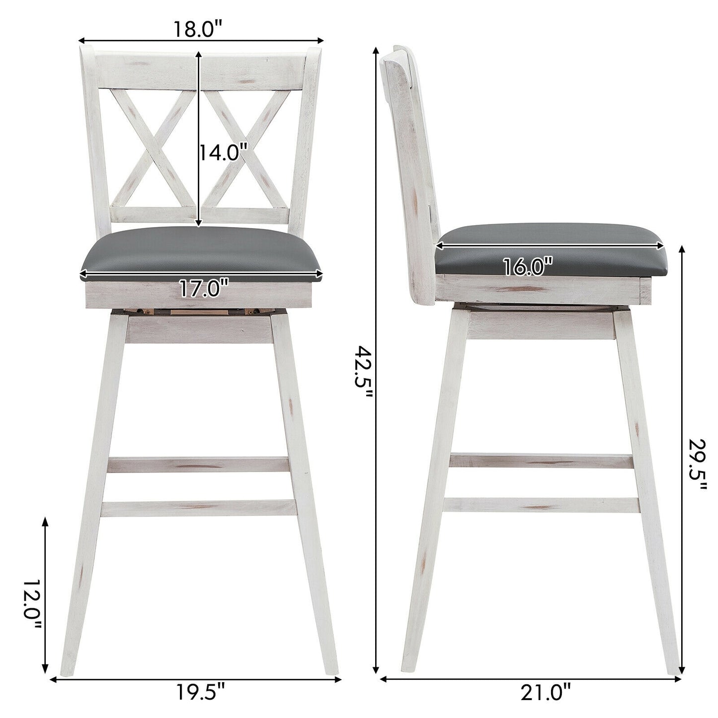Counter Height Bar Stools Set of 2 with 29 Inch Swivel Seat and White Rubber Wood Frame
