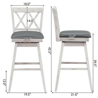 Counter Height Bar Stools Set of 2 with 29 Inch Swivel Seat and White Rubber Wood Frame