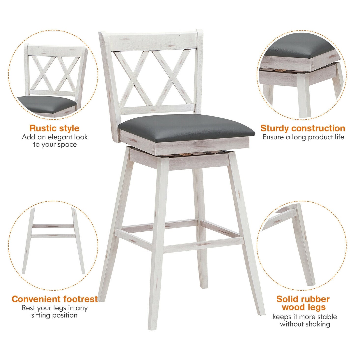 Counter Height Bar Stools Set of 2 with 29 Inch Swivel Seat and White Rubber Wood Frame