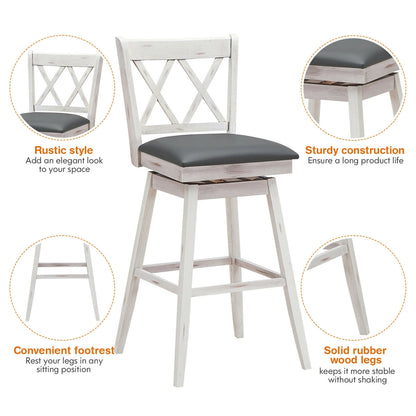 Counter Height Bar Stools Set of 2 with 29 Inch Swivel Seat and White Rubber Wood Frame