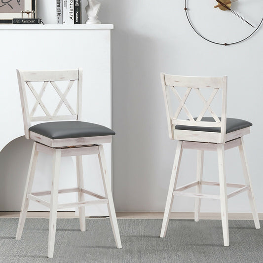 Counter Height Bar Stools Set of 2 with 29 Inch Swivel Seat and White Rubber Wood Frame