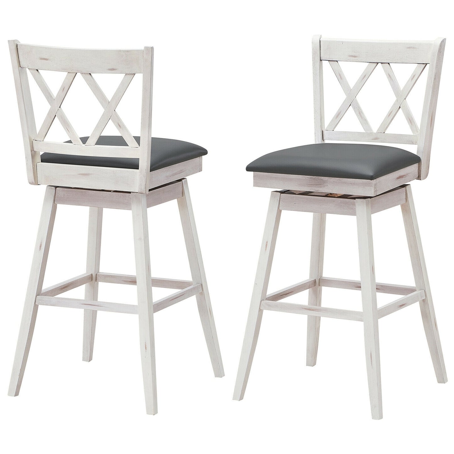 Counter Height Bar Stools Set of 2 with 29 Inch Swivel Seat and White Rubber Wood Frame