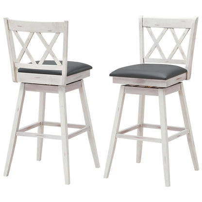 Counter Height Bar Stools Set of 2 with 29 Inch Swivel Seat and White Rubber Wood Frame