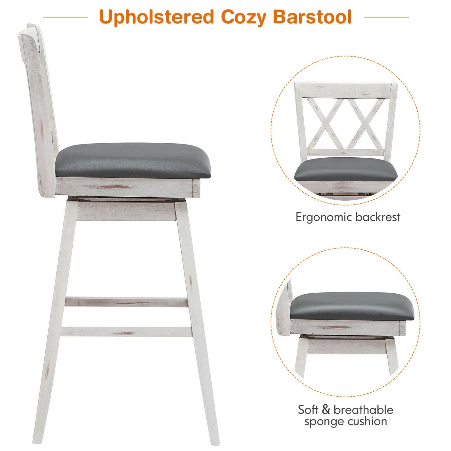 Counter Height Bar Stools Set of 2 with 29 Inch Swivel Seat and White Rubber Wood Frame