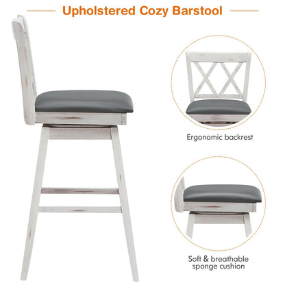 Counter Height Bar Stools Set of 2 with 29 Inch Swivel Seat and White Rubber Wood Frame