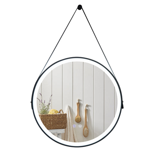 24 Inch Round LED Bathroom Mirror with 3 Color Temperatures, Anti-Fog Function & Adjustable Strap