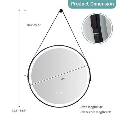 24 Inch Round LED Bathroom Mirror with 3 Color Temperatures, Anti-Fog Function & Adjustable Strap