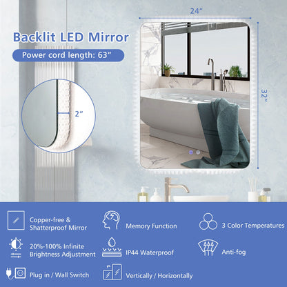 32 x 24 Inch LED Wall Mirror with Shatterproof Glass, 3 Color Lighting, and Anti-Fog Function