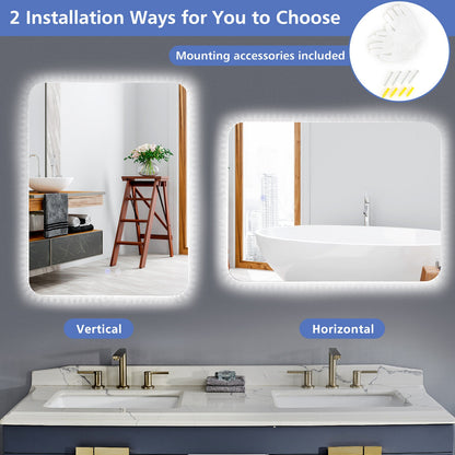 32 x 24 Inch LED Wall Mirror with Shatterproof Glass, 3 Color Lighting, and Anti-Fog Function