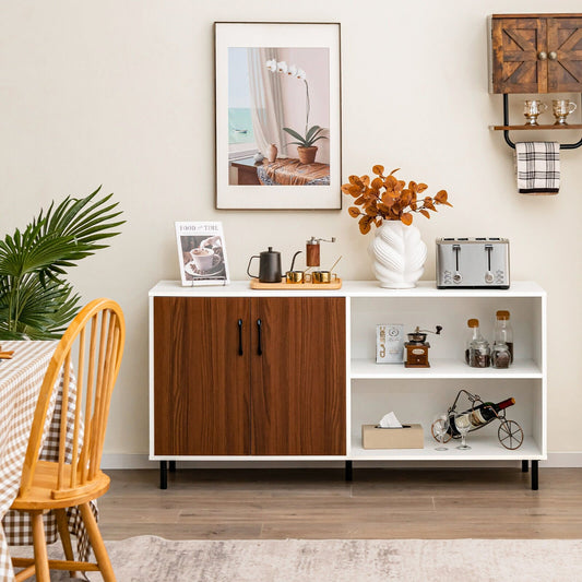 Contemporary Storage Sideboard Cabinet with 2 Doors and Open Display Shelves