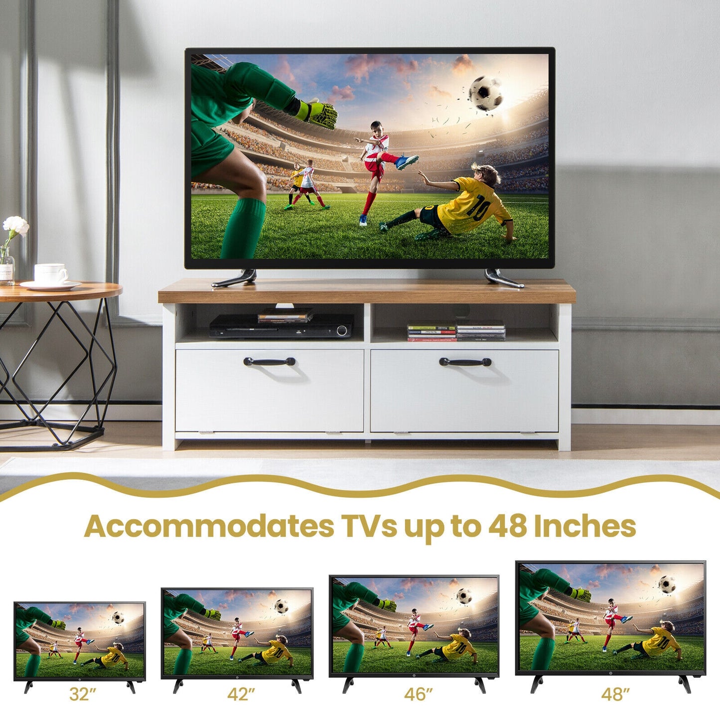Sleek TV Stand with Two Cabinets and Media Shelves for TVs up to 48 Inches