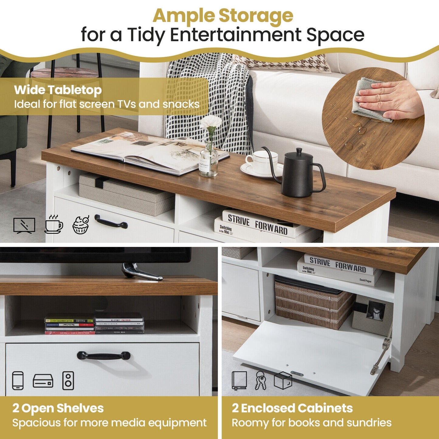 Sleek TV Stand with Two Cabinets and Media Shelves for TVs up to 48 Inches