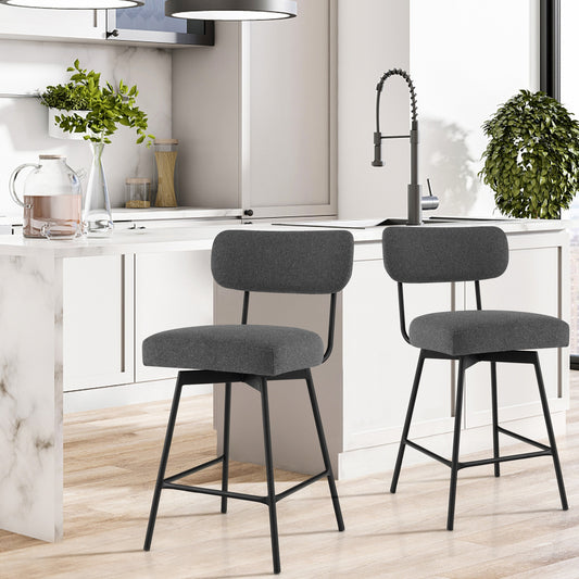 Set of 2 Modern 25″ Upholstered Bar Stools with Backrest and Footrests in Grey
