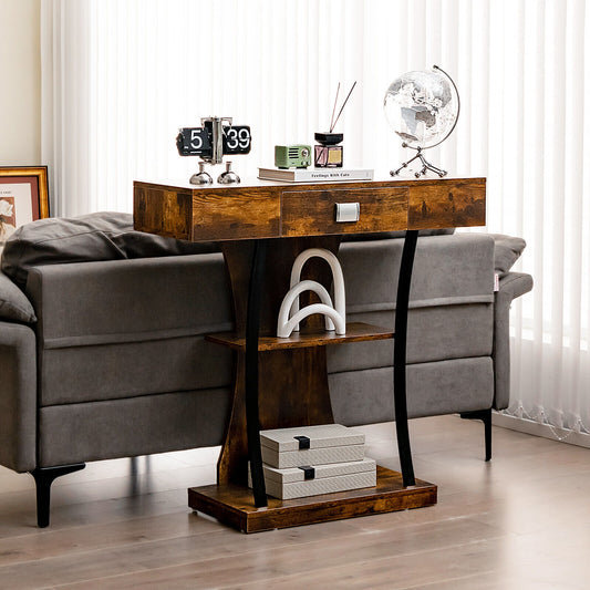Entryway Console Table with Drawer and 2-Tier Shelves, Modern Accent Furniture, Rustic Brown