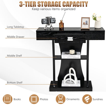 Entryway Console Table with Drawer and 2-Tier Shelves, Modern Accent Furniture, Black