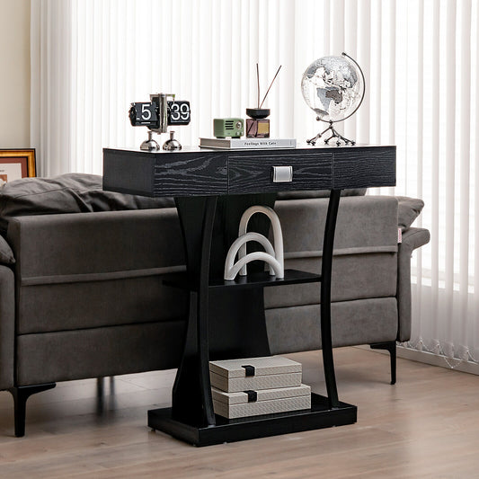 Entryway Console Table with Drawer and 2-Tier Shelves, Modern Accent Furniture, Black