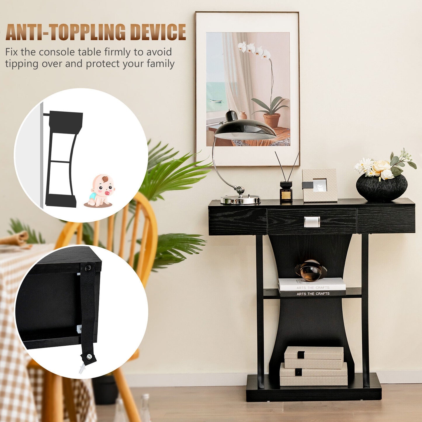 Entryway Console Table with Drawer and 2-Tier Shelves, Modern Accent Furniture, Black