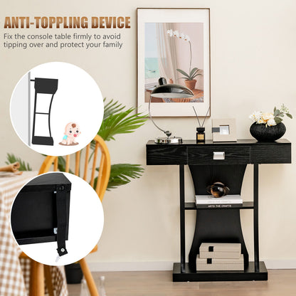 Entryway Console Table with Drawer and 2-Tier Shelves, Modern Accent Furniture, Black