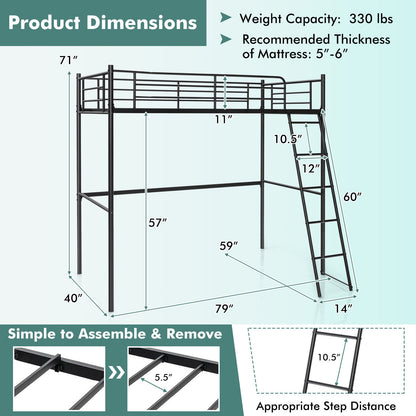 Durable Twin Metal Loft Bed with Ladder and High Safety Guardrails