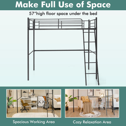 Durable Twin Metal Loft Bed with Ladder and High Safety Guardrails