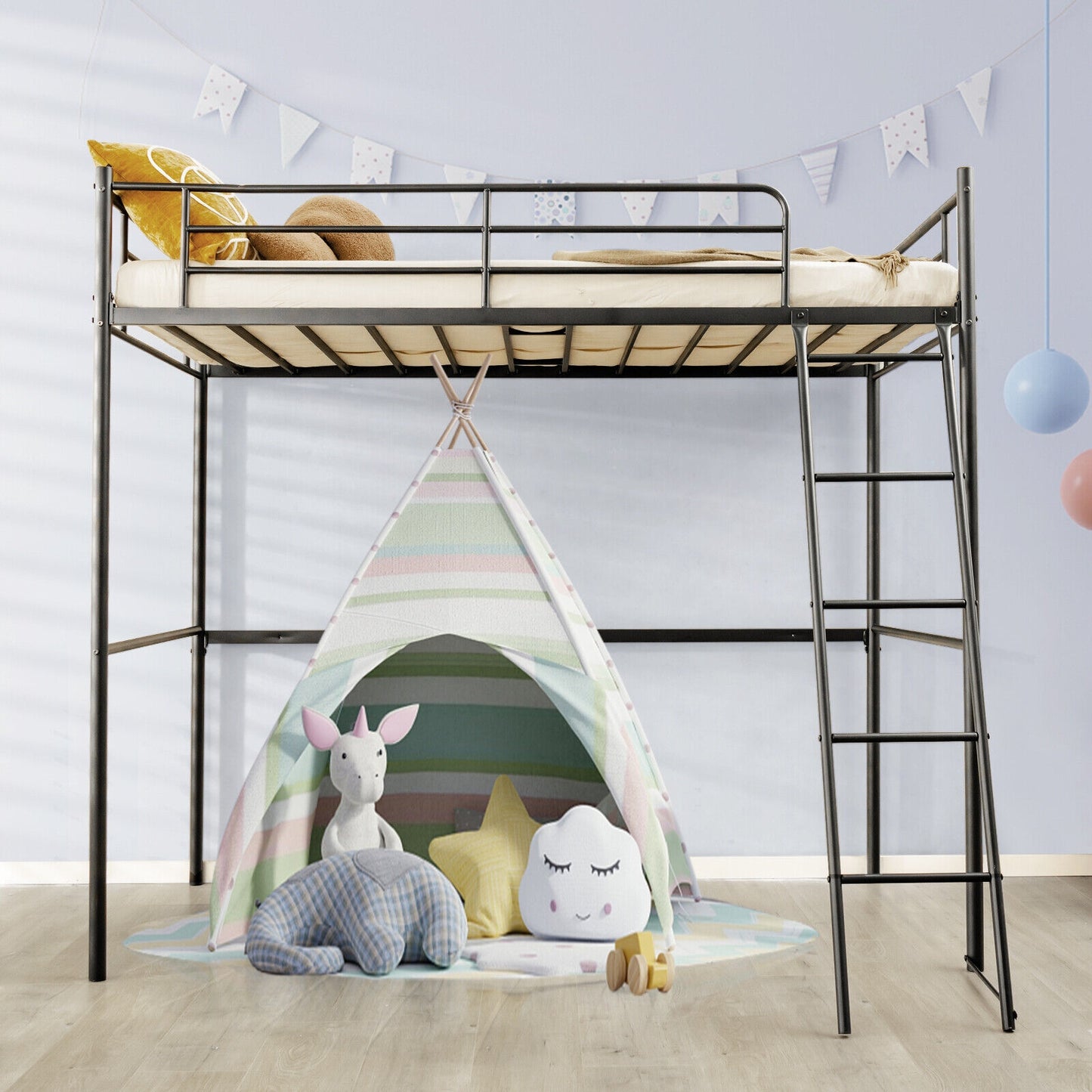 Durable Twin Metal Loft Bed with Ladder and High Safety Guardrails