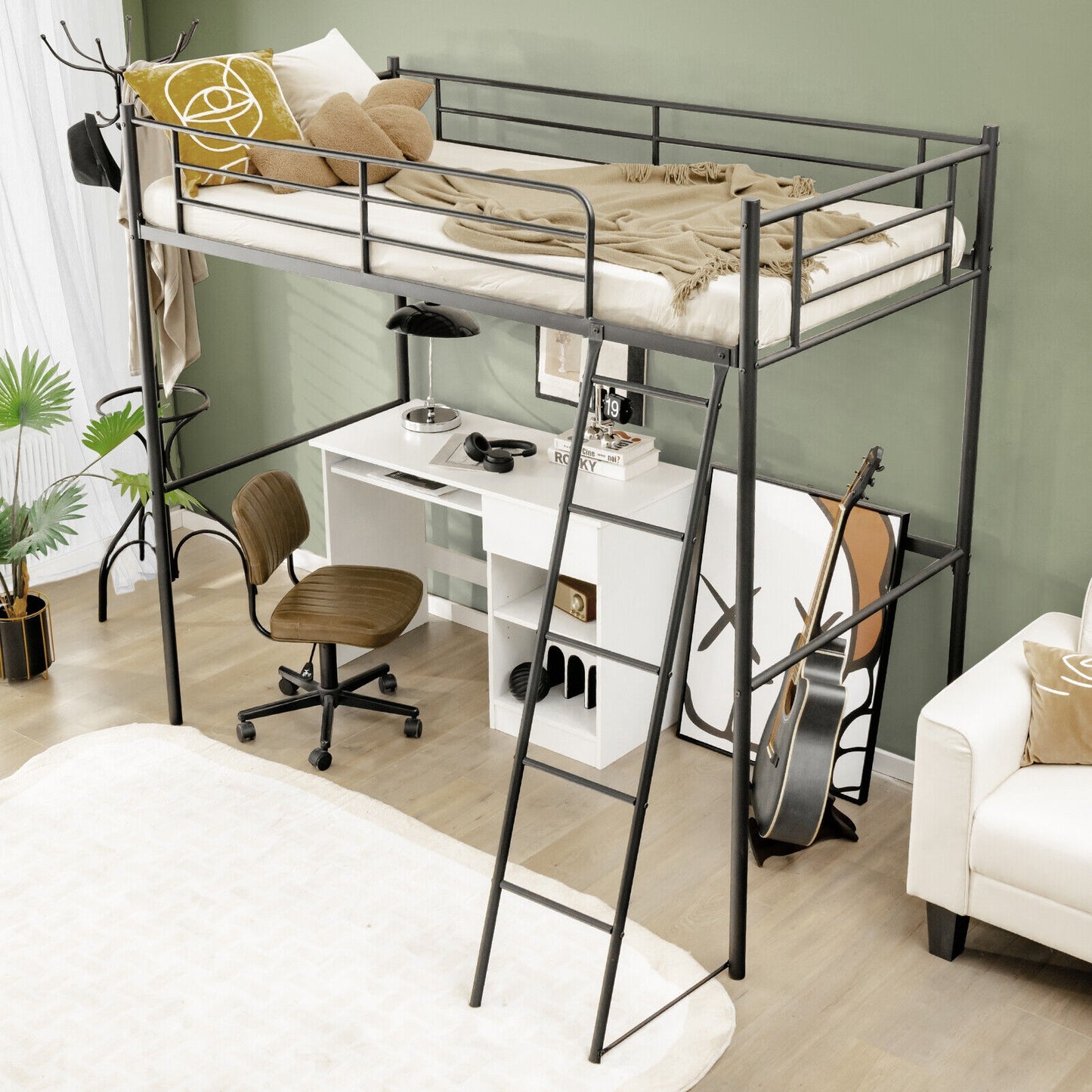 Durable Twin Metal Loft Bed with Ladder and High Safety Guardrails