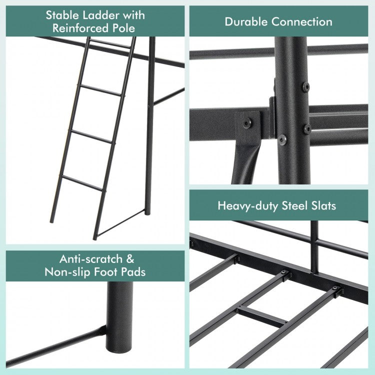 Durable Twin Metal Loft Bed with Ladder and High Safety Guardrails