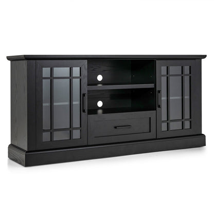 Modern TV Stand with Glass Doors Drawer and Storage Cubbies for TVs up to 70 Inches - Black