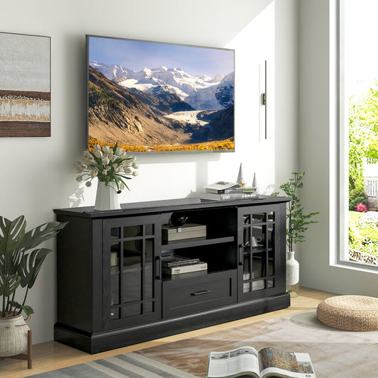 Modern TV Stand with Glass Doors Drawer and Storage Cubbies for TVs up to 70 Inches - Black